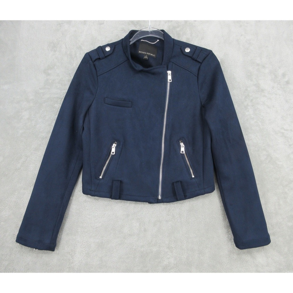 Banana Republic Jacket Womens Small Navy Blue Vegan Suede Moto Biker Full Zip